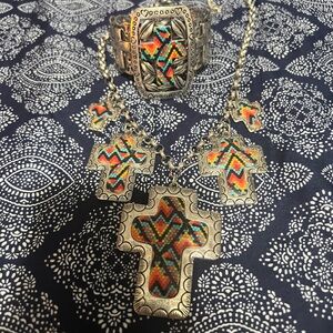 Silver Multicolor Cross Necklace and Bracelet Set